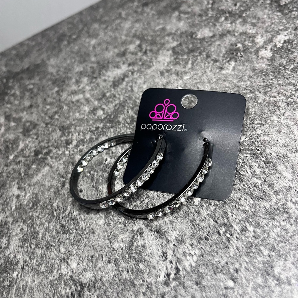 Paparazzi Black Rhinestone Hoop Earrings